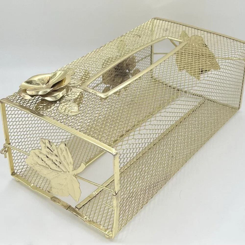 Vintage Gold Tone Metal Rose Tissue Box Cover Hollywood Regency Mesh Vanity MCM